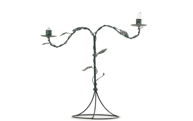 Paula SWINNEN (born 1964) Attributed to "Foliage". Candlestick with two arms of light in wrought iron with green patina. Height: 46 cm