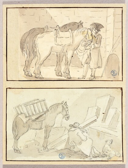 Peasant scenes with horses. 18th c 8 drawings, pen and black ink, with grey wash,...