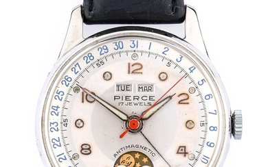 Pierce: A Chrome Plated Triple Calendar Moonphase Wristwatch, signed Pierce,...
