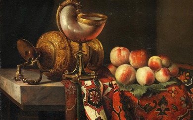 Pieter Boel, 1622 Antwerpen – 1674 Paris, STILLLEBEN MIT NAUTILUSPOKAL UND PFIRSICHEN