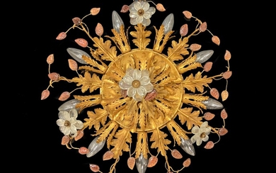 Plafonnier, 15 plafonniers en métal doré avec élan blanc et cristaux d'améthyste. Diamètre 55 cm....