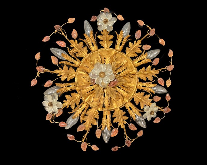 Plafonnier, 15 plafonniers en métal doré avec élan blanc et cristaux d'améthyste. Diamètre 55 cm....