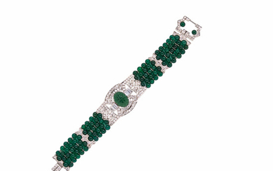 Platinum, Diamond, and Green Chalcedony Bracelet
