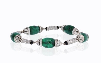 Platinum Green Emeralds Diamonds and Onyx Vintage Bracelet