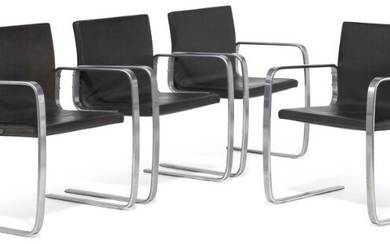 Poul Kjærholm: “PK 13”. A cantilever armchair of chromed steel. Seat and back upholstered with black leather. Manufactured by E. Kold Christensen.
