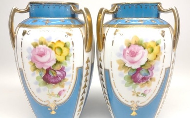 Pr of Nippon Teal Blue Floral Rose Decorated Vases