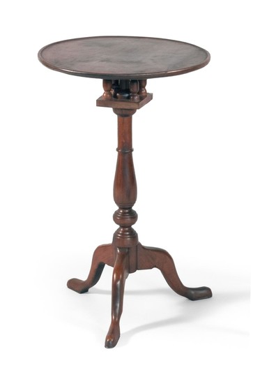 QUEEN ANNE-STYLE CANDLESTAND In walnut and mahogany. Dish top with birdcage support. Turned pedestal raised on cabriole legs ending...