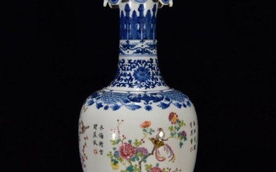 Qing Dynasty Qianlong blue and white pastel vase with flower and bird patterns