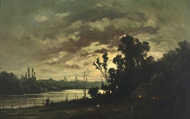 R. T. Stuart: Landscape with rowing boat and a house in the moonlight. Inscribed R. T. Stuart. Oil on canvas. 54×64.5 cm.