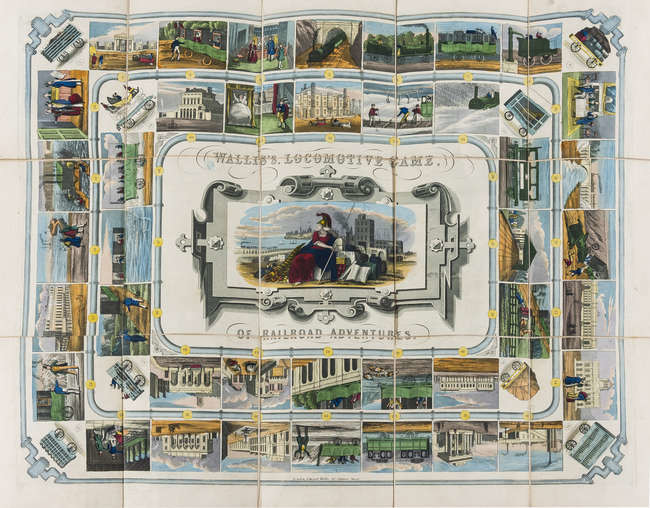 Railways.- Game.- Wallis (Edward, publisher) Wallis's Locomotive Game, of Railroad Adventures, hand-coloured engraved sheet with aquatint views, Edward Wallis, [c.1840].
