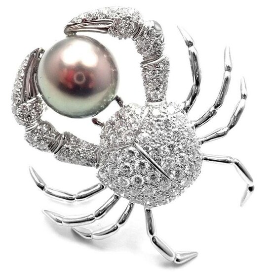 Rare! Authentic Tiffany & Co Platinum Crab 2.70ct Diamond Pearl Pin Brooch