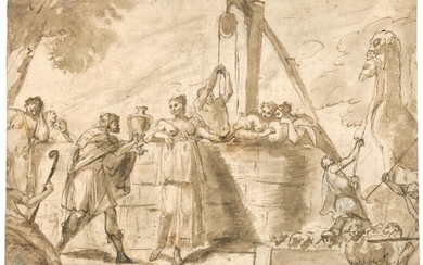 Rebekka und Abrahams Diener Elieser am Brunnen vor der Stadt Haran (Genesis 24).