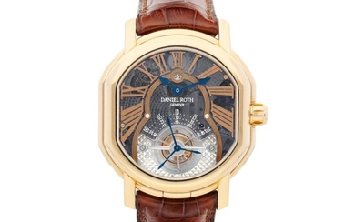 Reference 220.Y.50 A pink gold double dialed semi-skeletonized perpetual calendar tourbillon wristwatch with moon-phases, leap year and power reserve indication, Circa 2010 | 型號220.Y.50 | 粉紅金雙錶盤半鏤空萬年曆陀飛輪腕錶，備月相、閏年及動力儲備顯示，約2010年製, Daniel Roth