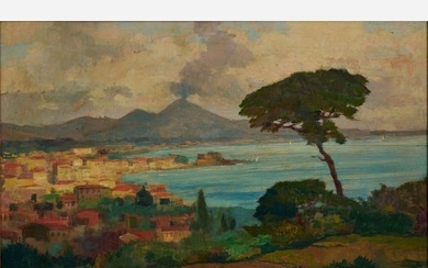 Renato Natali Oil, View of Naples and Vesuvius Eruption