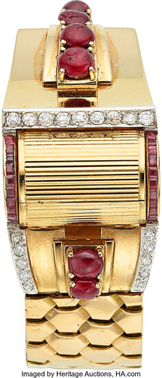 Retro Swiss Lady's Diamond, Ruby, Gold Covered Dial Watch...