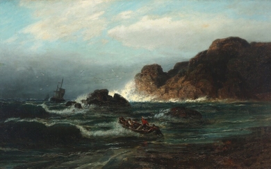 Richard Fresenius: Seascape with rescue boat and distressed ship. Signed R. Fresenius. Oil on canvas. 87×143 cm.