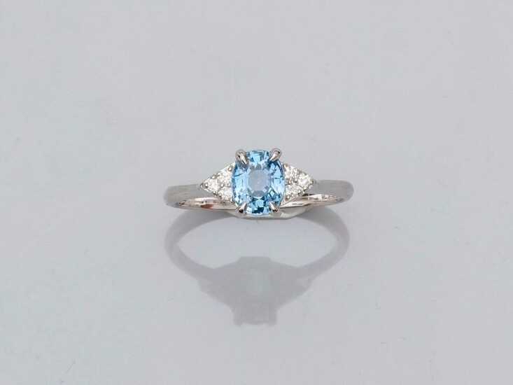 Ring in white gold, 750 MM, set with a beautiful oval sapphire weighing 1.35 carat and six brilliants, size : 54, weight : 2.95gr. gross.