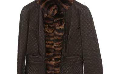 Roberto Cavalli: A brown leather jacket with two pockets, hooks for closure and chinchilla fur details.Size 44 (IT)