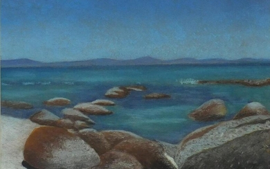 Rocky coastal scene, impressionist pastel, bearing a