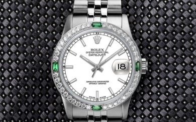 Rolex 31mm Datejust White Stick Dial With Diamonds & Emeralds Bezel Stainless Steel Watch