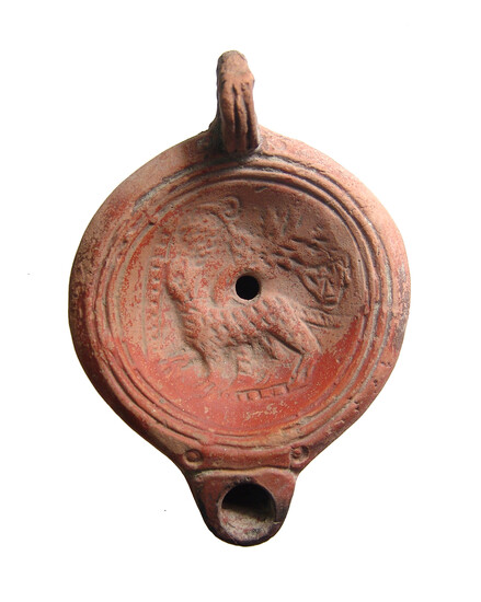 Roman ceramic discus lamp depicting panther
