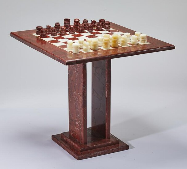 Rouge marble and onyx chess table and pieces, 30"h