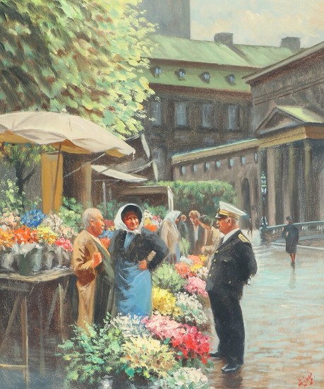 S. C. Bjulf: Flowergirls at Højbroplads. Signed Bjulf. Oil on canvas. 57×47 cm.