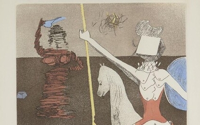 Salvador Dalí, Spanish 1904-1989- Off to battle [Field 80-1L], 1980; etching with aquatint in colours on Arches wove, signed and numbered 208/300 in pencil, from Historia de Don Quichotte de la Mancha, published by Levine and Levine, for DALART...