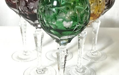 Set 6 Bohemian Art Glass Cut Crystal Goblets