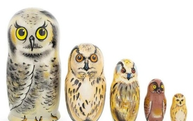 Set of Hand-painted Wooden Owl Nesting Boxes