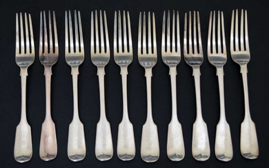 Set of ten Victorian Fiddle pattern silver table forks