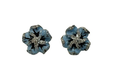 Silver & Austrian Crystal Flower Shaped Stud Earrings Accented With Light Blue Flower Petals