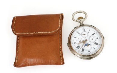 Silver pocket watch. Lever escapement and crown-winding. Calendar and moon phase indication....