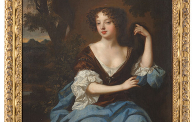 Sir Peter Lely (Soest 1618-1680 London) and Studio, Louise Renée de Penancoët de Kérouaille, Duchess of Portsmouth (1649-1734), three-quarter-length, in a brown dress and blue cloak, a landscape beyond