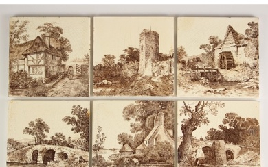 Six Mintons brown printed tiles, late 19th century, each dec...