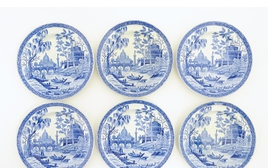 Six Spode blue and white plates decorated in the Tibor patte...