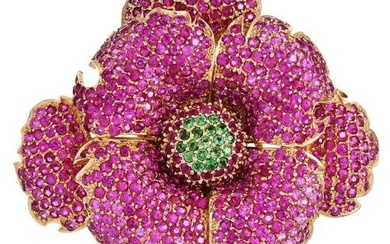 Sonia Bitton Pink Sapphire & Tsavorite 14K Flower Brooch