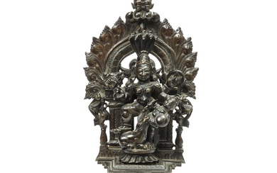 South India, Tamil Nadu, a bronze Durga altar slaying the demon buffalo Mahisha, 18th-19th century