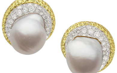 South Sea Cultured Pearl, Diamond, Gold Earrings Stones: Full-cut...