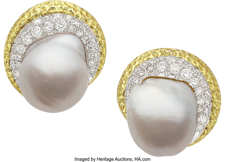 South Sea Cultured Pearl, Diamond, Gold Earrings Stones: Full-cut...