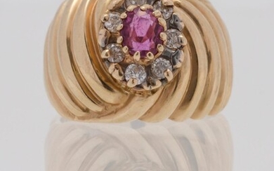 14KT GOLD, RUBY AND DIAMOND RING Wide ribbed...