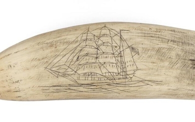 * ENGRAVED WHALE'S TOOTH 20th Century Rudimentary engraving...