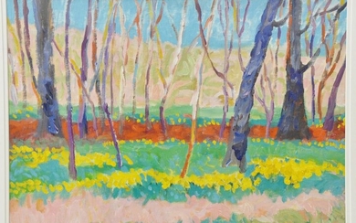 Suk Shuglie, oil on canvas, "Spring Trees", sight size