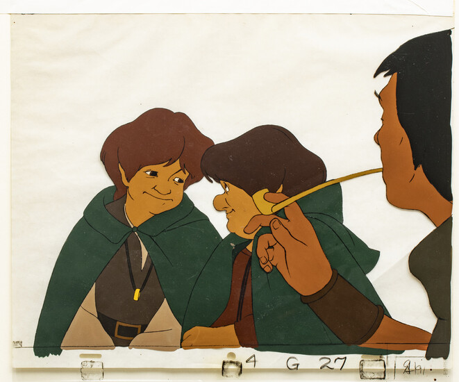 "THE LORD OF THE RINGS" PRODUCTION ANIMATION CELS, C. 1978, H 9", W 12" (IMAGE), FRODO, SAMWISE AND ARAGORN
