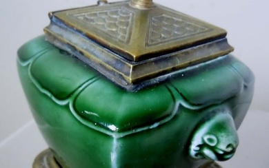 THEODORE DECK FRENCH GREEN EARTHENWARE POTTERY INKWELL C1880 Theodore Deck (1823-1891) French
