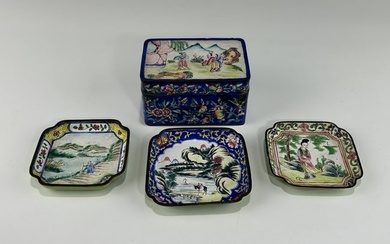 THREE ANTIQUE CHINESE CANTON ENAMEL DISHES AND A BOX