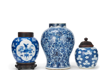 TWO BLUE AND WHITE PRUNUS AND ICE CRACKLE GINGER JARS...