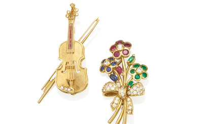 TWO GOLD, GEM-SET AND DIAMOND BROOCHES