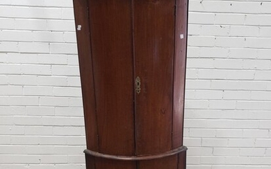 Tall George III Mahogany Bow Fronted Corner Cabinet, with four arched panel doors, enclosing a white painted interior (H:185 x W:69...