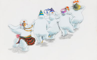 The Snowman: An original animation cel of snowmen dancing